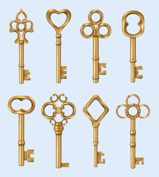 istock Vintage keys. Golden realistic real estate keys in ornate style decent vector tools for old doors 1455237266