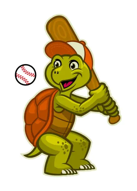 Vector illustration of Funny Cartoon Turtle mascot playing baseball