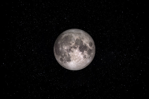 Moon is Earths Satellite orbiting in Space surrounded by Stars. This image elements furnished by NASA. https://spaceplace.nasa.gov/all-about-the-moon/en/