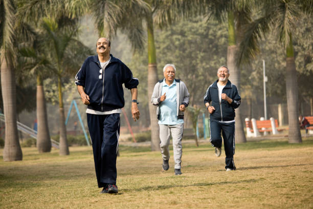 istock Cheerful old men friends running at park 1455238578