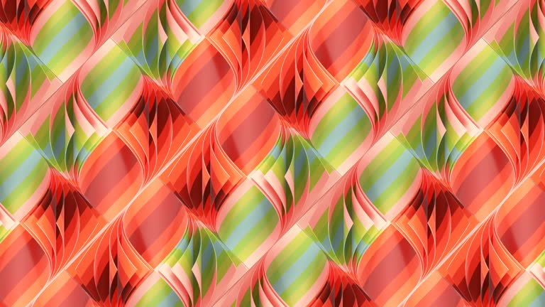 Digital seamless loop animated texture of a stack of curved rhombuses with moving colorful strips across them. 3d rendering 4K UHD