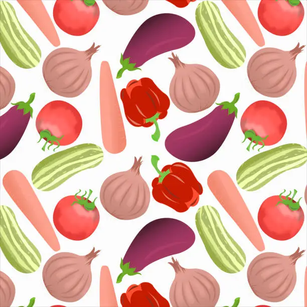 Vector illustration of Seamless pattern of rosso corsa color capsicum, middle green yellow cucumber, vivid tangerine color carrot, orange red crayola tomato, pastel pink onion, magenta eggplant on white background.