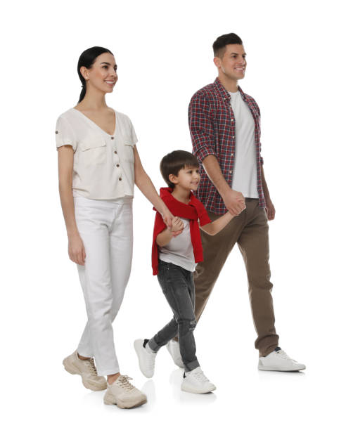 istock Little boy with his parents together on white background 1455239578