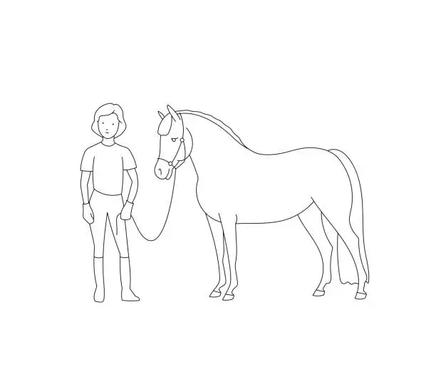 Vector illustration of Cute little girl standing with pony
