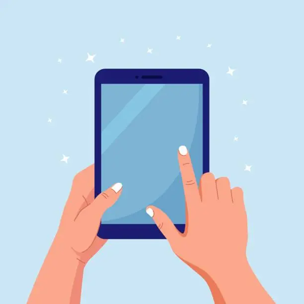 Vector illustration of Hands holding and pointing on digital tablet pc. Man touching blank screen of tablet computer