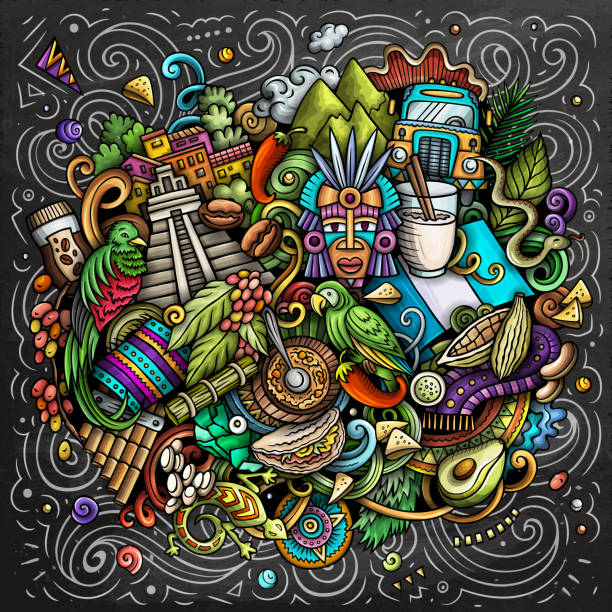 Guatemala cartoon doodle funny illustration Guatemala cartoon doodle illustration. Funny design. Creative vector background with central America country elements and objects. Chalkbord composition typical guatemala food cartoon stock illustrations