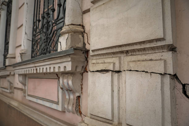 Large cracks on front of building after strong earthquake