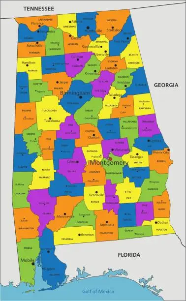 Vector illustration of Colorful Alabama political map with clearly labeled, separated layers. Vector illustration.