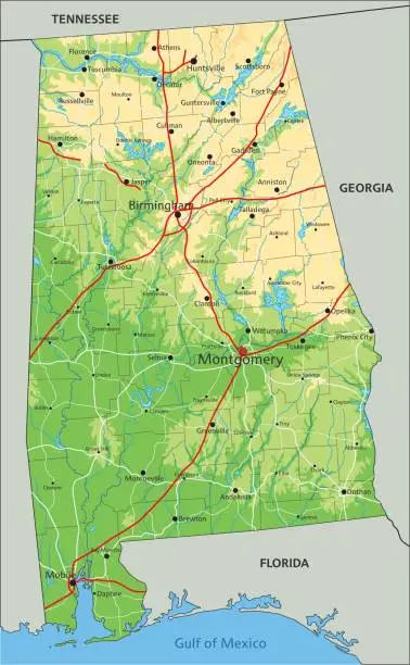 Vector illustration of High detailed Alabama physical map with labeling.