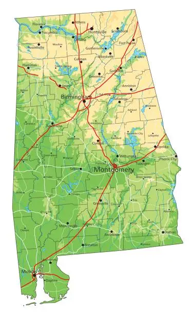 Vector illustration of High detailed Alabama physical map with labeling.