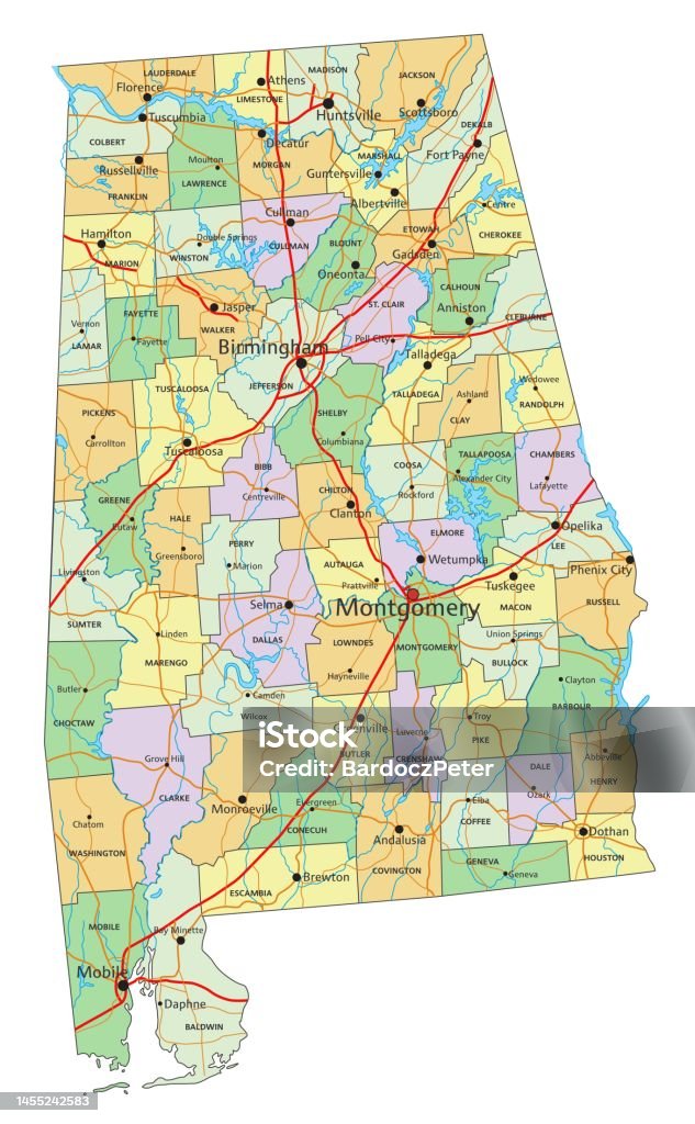 Alabama Highly Detailed Editable Political Map With Labeling Stock ...