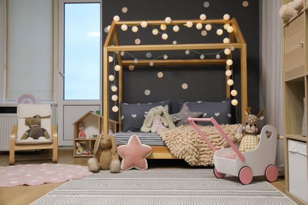 istock Stylish child room interior with comfortable bed 1455242663