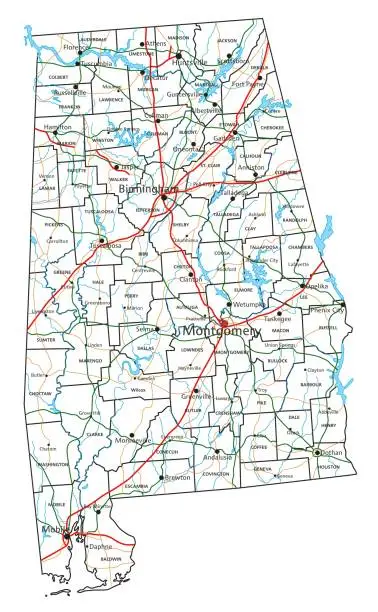 Vector illustration of Alabama road and highway map. Vector illustration.