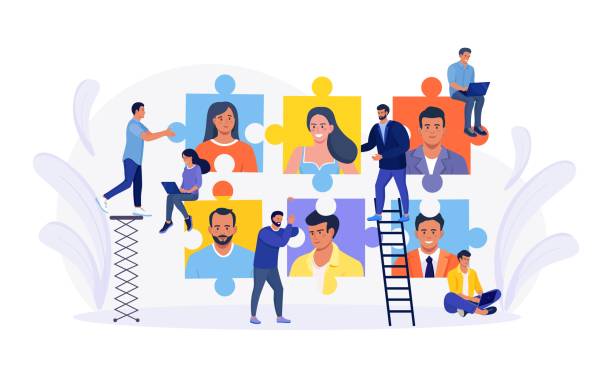Tiny people connecting puzzle pieces, build team, hiring employees. Business company is looking for employee. Teamwork and collaboration. Open vacancy, partnership vector art illustration
