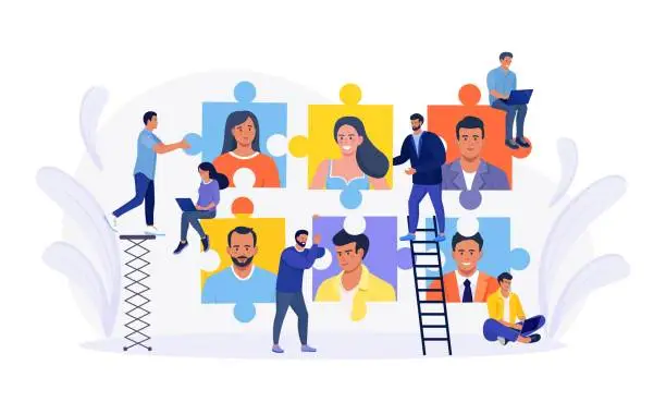 Vector illustration of Tiny people connecting puzzle pieces, build team, hiring employees. Business company is looking for employee. Teamwork and collaboration. Open vacancy, partnership