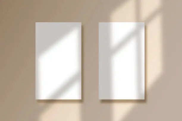 Vector illustration of Shadow overlay effect template. Transparent soft light and shadows from window. Mockup of window shade over wall hanging frames