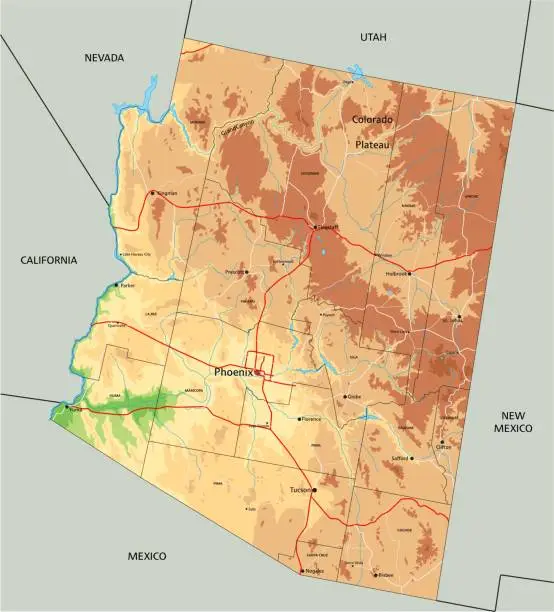 Vector illustration of High detailed Arizona physical map with labeling.