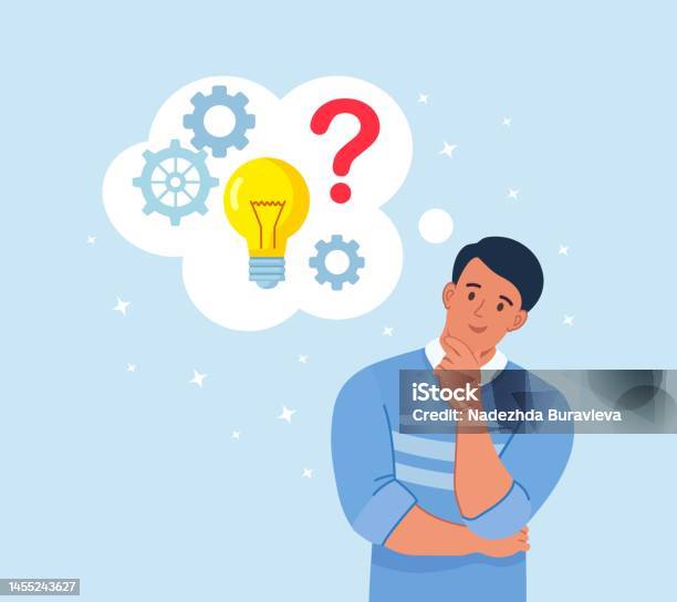 Smart Man Thinking Or Solving Problem Pensive Guy With Thought Bubbles ...