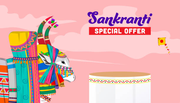 ilustrações, clipart, desenhos animados e ícones de modelo de banner de oferta especial do festival sankranti com pódio de produtos e elementos festivos como o tradicional jallikattu - bull horned bullfight toy