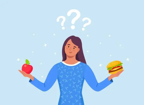 Vector illustration of Woman choosing between healthy and unhealthy food. Fast Food and balanced menu comparison, dieting. Choice between Good and bad nutritions