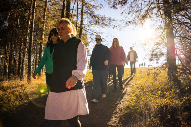 istock Group of Caucasian people, hiking through forest 1455244424