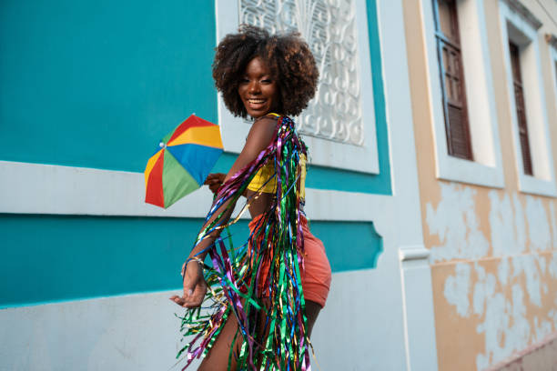 Beautiful afro woman dancing frevo stock photo