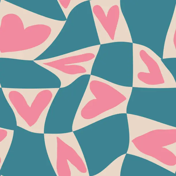 Vector illustration of Aesthetic Retro Romantic printable groovy hearts seamless pattern. Decorative Hippie Naive 60's, 70's style Vintage modern background in minimalist style for fabric, wallpaper or wrapping