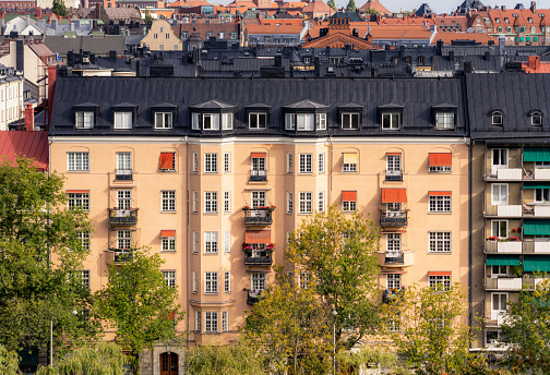 High angle view of a large, old fashioned apartment block in Stockholm, Sweden.