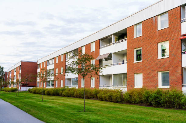 A modern, brick built, low-rise apartment development with balconies in Stockholm, Sweden.