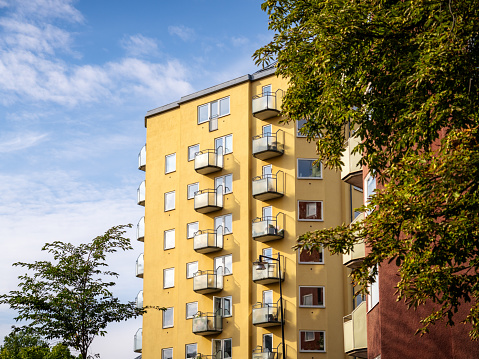 A view of an apartment block,with balconies, in Stockholm, Sweden.
