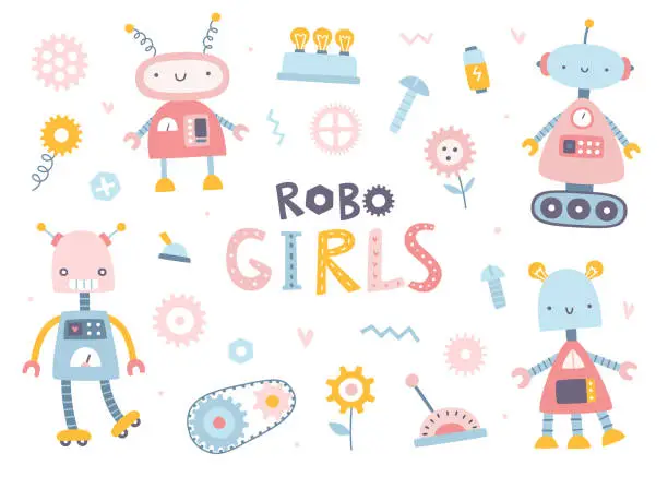 Vector illustration of Cute girly robots set for kids. Cartoon pink robotic collection for baby girls. Funny robo sticker bundle.