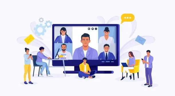 Vector illustration of Online video conference Colleagues talk to each other on computer screen. Tiny people e-learning by webinar training, tutorial podcast concept. Teacher conducts online meeting with students