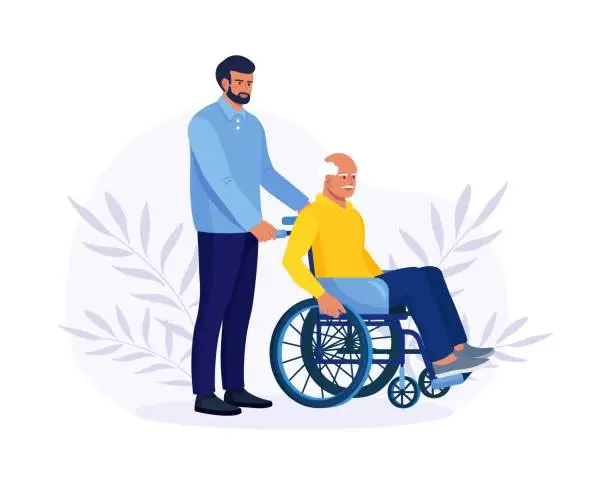 Vector illustration of Doctor or nurse, relative pushing wheelchair with sick or disabled old man. Elderly person receiving help, care. Volunteer taking care about  handicapped senior patient