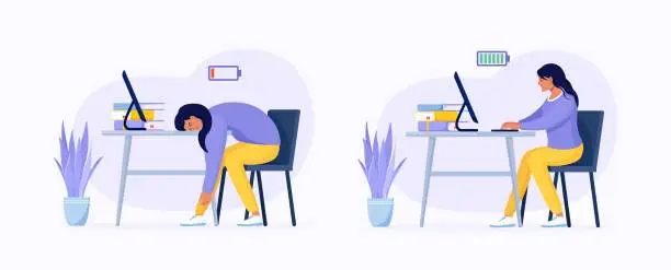 Vector illustration of Work efficiency and professional burnout. Productive employee in the office vs exhausted worker. Tired overworked woman and happy, energetic woman with full and low energy battery working on computer