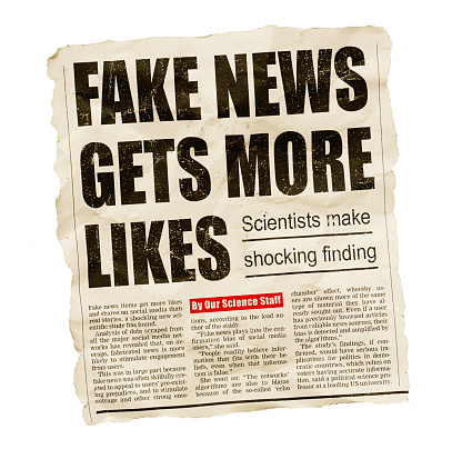 Simulated newspaper clipping about a scientific study finding that fake news is more popular than authentic material on social media. Text was written from scratch by the photographer (an experienced journalist), who also did the design, so this image is free of third-party copyright and may be used without restrictions. Although the text was written with plausibility in mind, no claim of truth or accuracy is made about it.