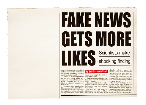 Simulated newspaper clipping about a scientific study finding that fake news is more popular than authentic material on social media. Text was written from scratch by the photographer (an experienced journalist), who also did the design, so this image is free of third-party copyright and may be used without restrictions. Although the text was written with plausibility in mind, no claim of truth or accuracy is made about it.