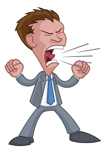 An angry boss or business man office worker cartoon character in a suit shouting, yelling or screaming