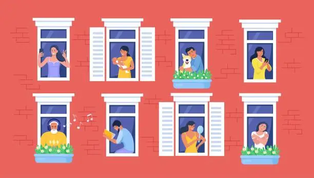 Vector illustration of Outer wall of house with neighbors and dog at windows. Happy men and women look out of apartments reading, take photo, chatting with phone, hugging, listening music. Stay home, daily routine activity
