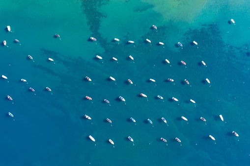 An aerial shot of boats in the transparent water of Lake Tahoe in the USA.