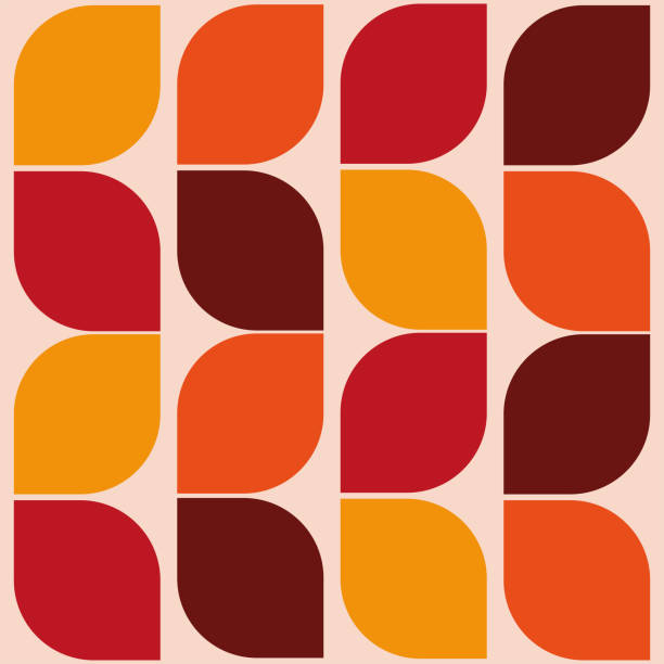 Mid century modern geometric leaf shapes seamless pattern in orange, red, yellow and brown. Mid century modern geometric leaf shapes seamless pattern in orange, red, yellow and brown. For retro posters, wallpaper and home decor illusion pattern circle image created 1960s stock illustrations