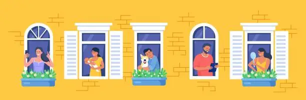 Vector illustration of Outer wall of house with neighbors and dog at windows. Happy men and women look out of apartments reading, take photo, chatting with phone, hugging, holding child. Stay home, daily routine activity