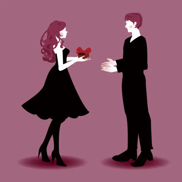 Vector illustration of Silhouettes of man and woman with gifts. A woman hold a gift for a man.