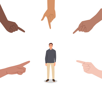 Young man Sad depressed, ashamed man surrounded by hands pointing him out with fingers. Harassment shame victim. Social disapproval blame and accusation concept. Flat vector illustration isolated