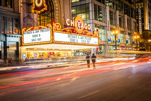 Chicago, IL, USA - January 13, 2018: A long exposure of the iconic The Chicago Theatre on a cold winter night.