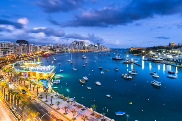 Night cityscape of Sliema Bay in Malta stock photo