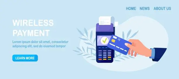 Vector illustration of Contactless payment. Human hand holding credit or debit card close to the POS terminal to pay. Transaction by NFC technology.