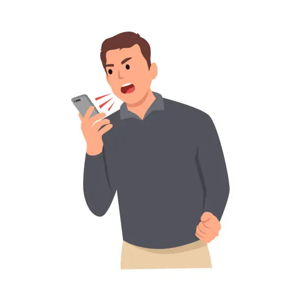 Vector illustration of Young Businessman Angry on smartphone. Stressful man business shouting and screaming. Flat vector illustration isolated on white background