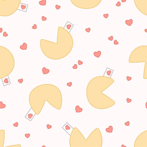 illustrazioni stock, clip art, cartoni animati e icone di tendenza di modello senza cuciture di biscotti della fortuna per san valentino con cuori su sfondo rosa. stile kawaii. - heart shape fortune cookie short phrase sayings