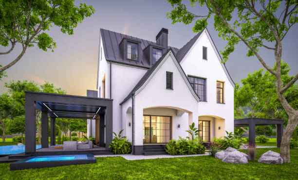 istock 3d rendering of white and black modern Tudor house in evening 1455250994