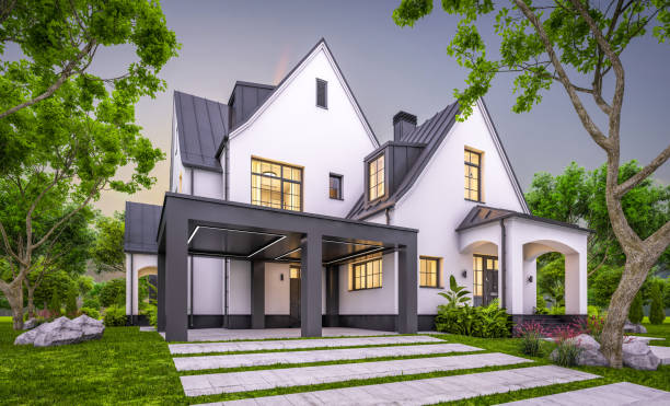 istock 3d rendering of white and black modern Tudor house in evening 1455250995